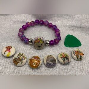 Purple/Pink Colorful Beaded Bracelet with 7 Snap Button Animal Charms